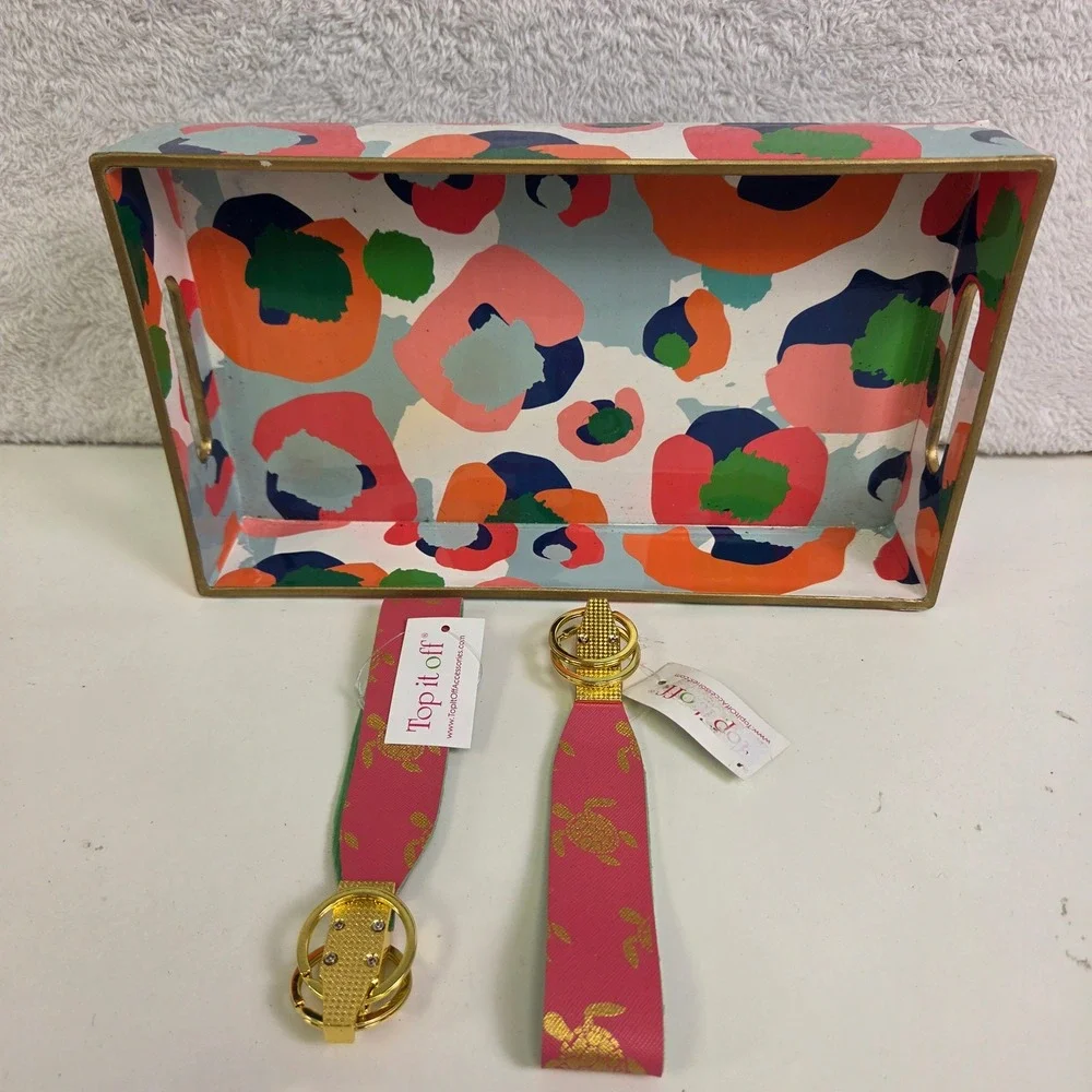 Top It Off Abstract Floral Tray & 2 Gold Turtle Pink Wristlet Keychains Set NWT